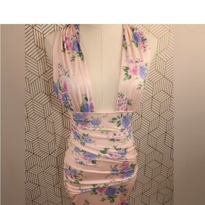 Zara floral deep plunging V plunge neckline minidress